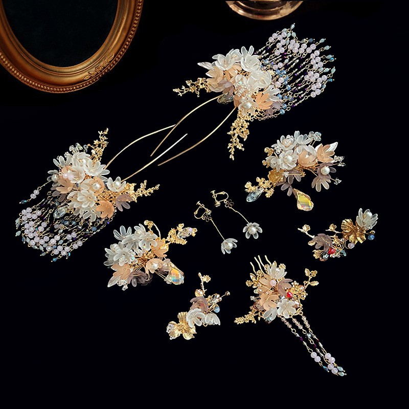 7 Pcs Wedding Bride Tassels Hair Pins & Earrings