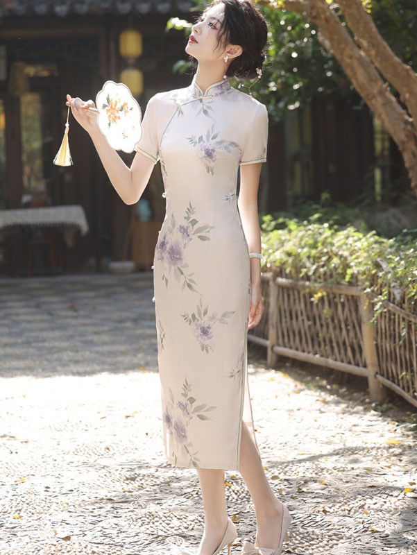 2024 Summer Floral Print Midi Cheongsam Qipao Dress