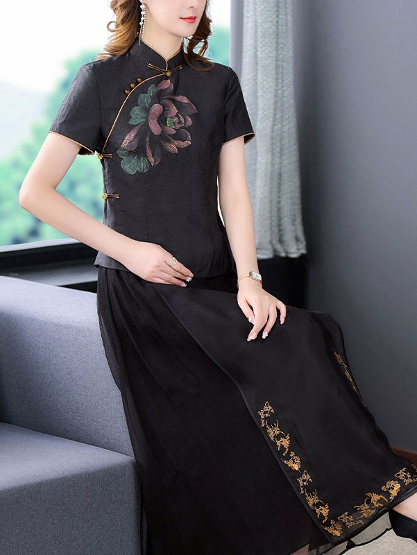 Black Floral Print Cheongsam Blouse Top