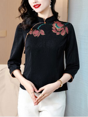 Black Red Lotus Print Cheongsam Blouse Shirt