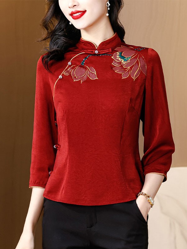 Black Red Lotus Print Cheongsam Blouse Shirt