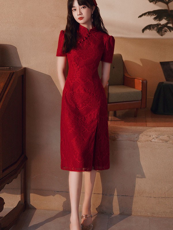 Burgundy Lace Split Wedding Cheongsam Dress