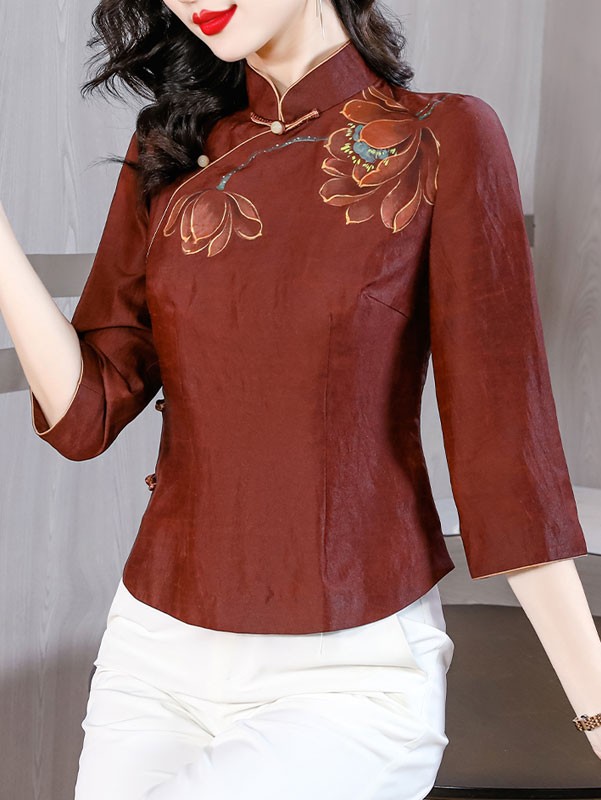 Lotus Print Cheongsam Blouse Shirt