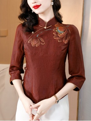 Lotus Print Cheongsam Blouse Shirt