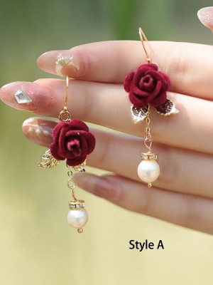 Fabric Red Rose Pearl Drop Dangle Earrings