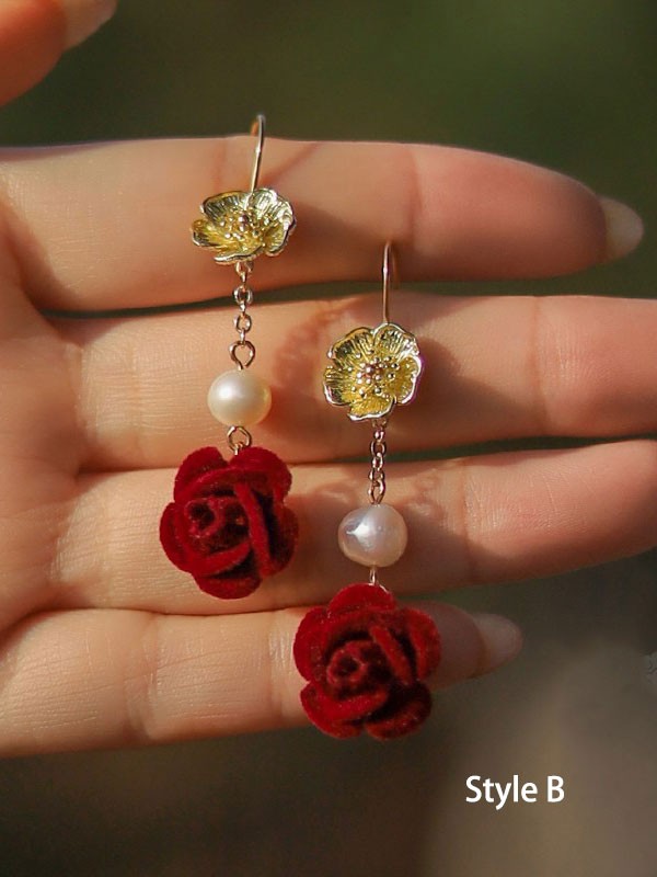 Fabric Rose Pearl Drop Dangle Earrings