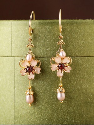 Pink Flower Non Pierced Clip-on Hook Drop Dangle Earrings