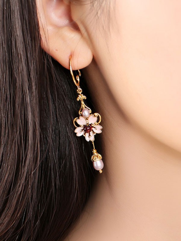 Pink Flower Non Pierced Clip-on Hook Drop Dangle Earrings