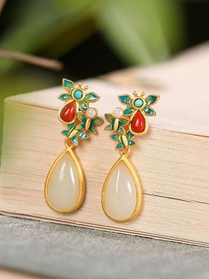 Gold Plated Butterfly Jade Drop Dangle Earrings