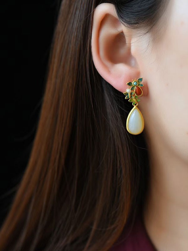 Gold Plated Butterfly Jade Drop Dangle Earrings