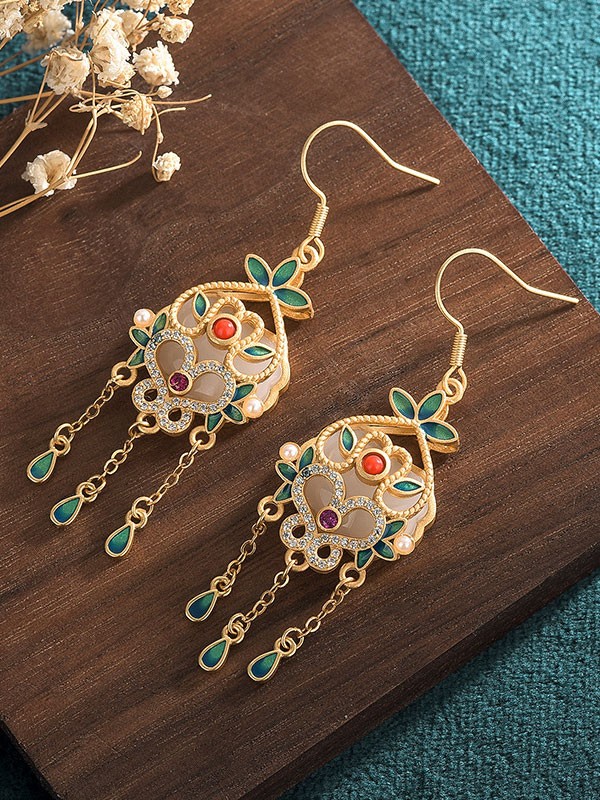 Gold Plated Jade Drop Dangle Earrings