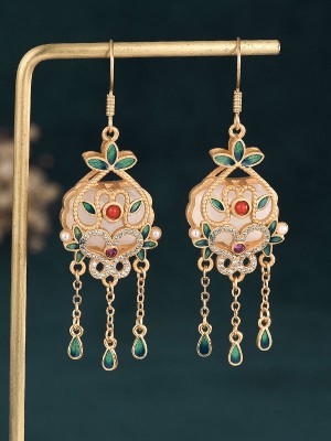 Gold Plated Jade Drop Dangle Earrings