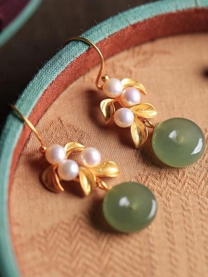 Gold Plated Leaf Jade Drop Dangle Earrings