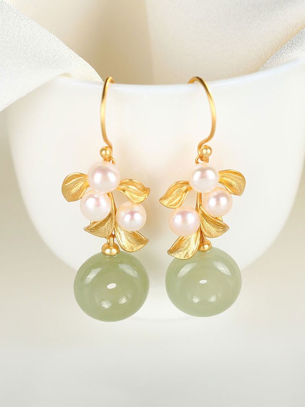 Gold Plated Leaf Jade Drop Dangle Earrings