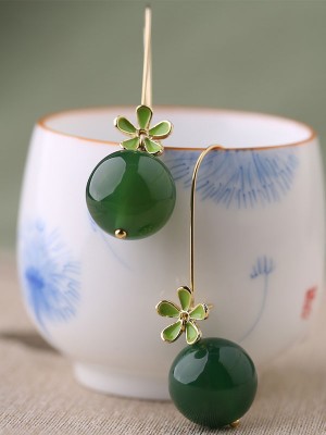 Oriental Green Agate Drop Dangle Earrings