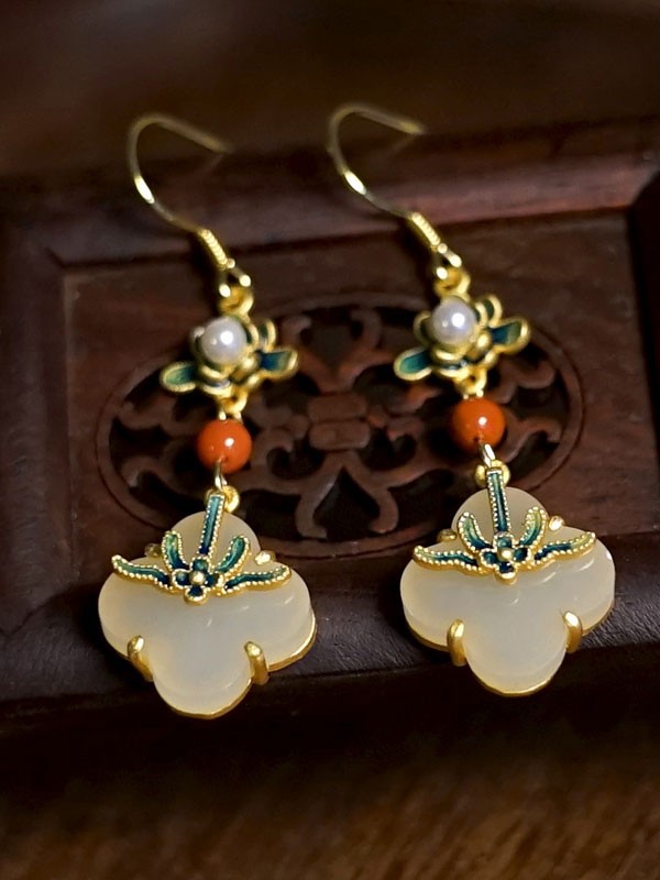 Gold Plated Flower Jade Drop Dangle Earrings