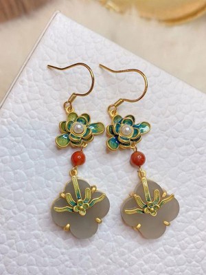 Gold Plated Flower Jade Drop Dangle Earrings