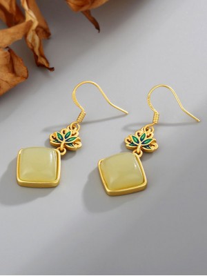 Gold Plated Lotus Jade Drop Dangle Earrings