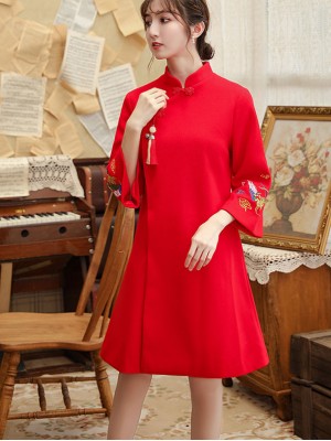 Wool Blend Embroidered Women Cheongsam Tang Coat