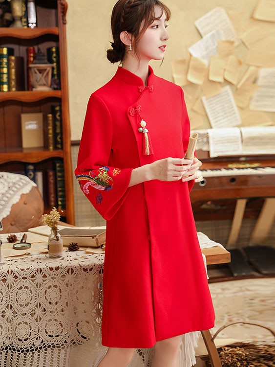 Wool Blend Embroidered Women Cheongsam Tang Coat