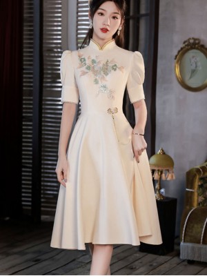 Champagne Midi A-Line Appliques Cheongsam Prom Dress