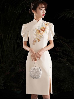 Gray White Embroidered Puff Sleeve Midi Cheongsam Dress