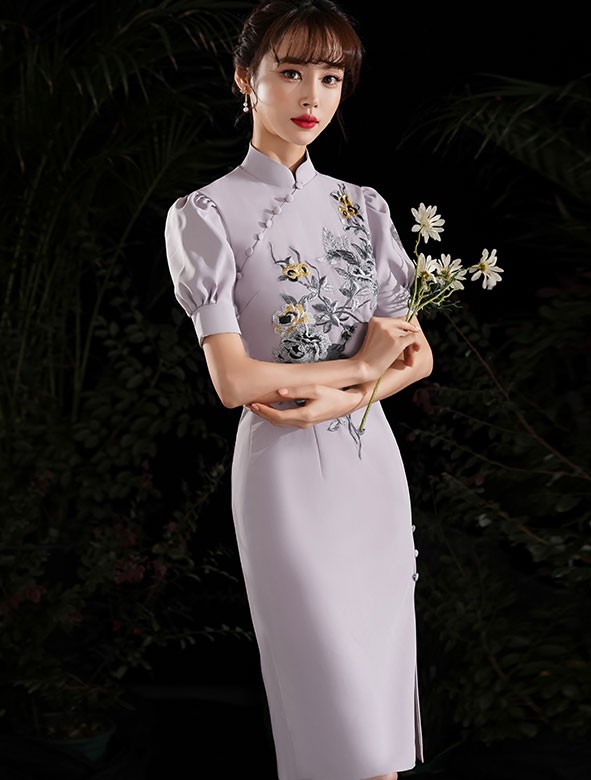 Gray White Embroidered Puff Sleeve Midi Cheongsam Dress