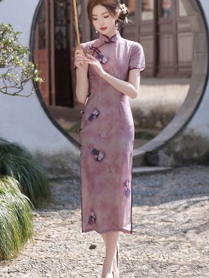 2024 Purple Floral Linen Cheongsam Qipao Dress