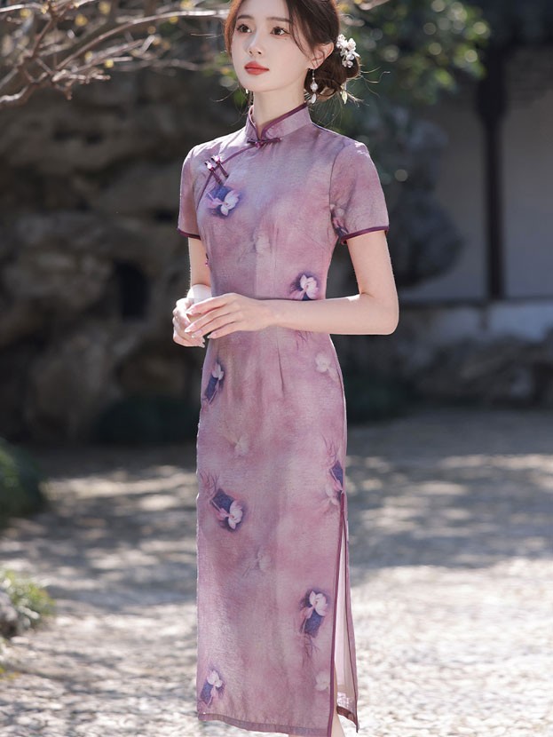 2024 Purple Floral Linen Cheongsam Qipao Dress