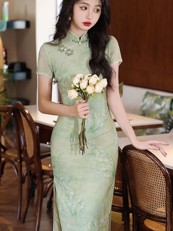 2024 Summer Green Floral Cheongsam Qipao Dress