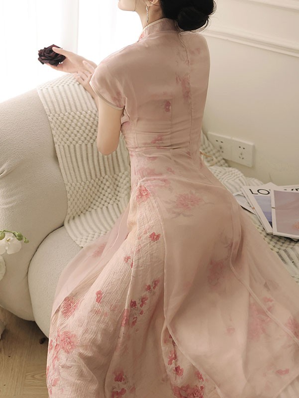 Pink Floral Print AoDai A-Line Cheongsam Dress