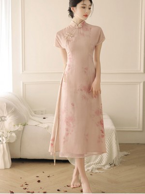 Pink Floral Print AoDai A-Line Cheongsam Dress