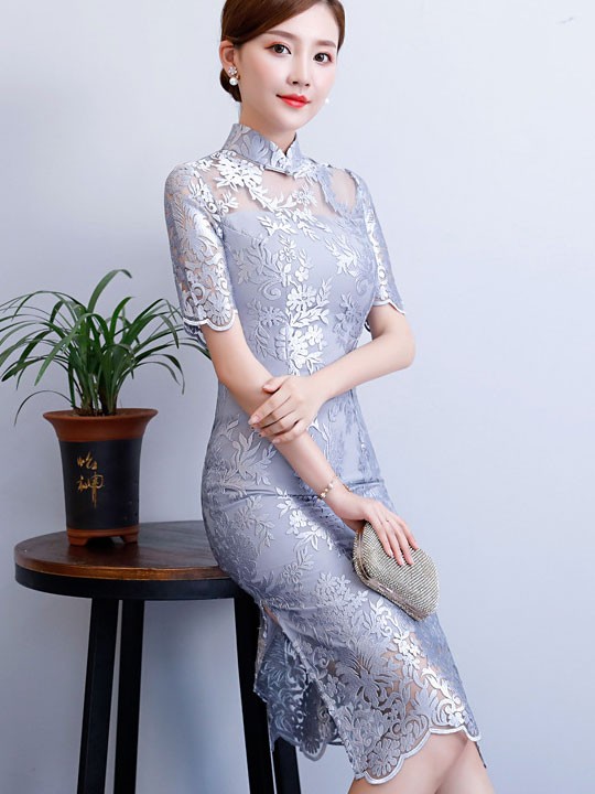 Pink Gray Floral Lace Midi Cheongsam Qipao Dress