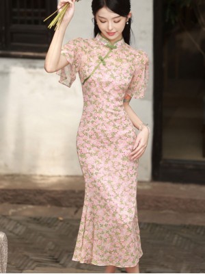 2 Pcs Pink Floral Chiffon Flutter Sleeve Cheongsam Qipao Dress