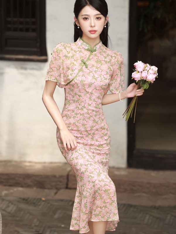 Pink Floral Chiffon Flutter Sleeve Cheongsam Qipao Dress