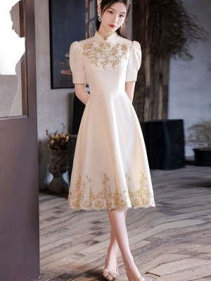 Appliques Midi A-Line Puff Sleeve Cheongsam Prom Dress