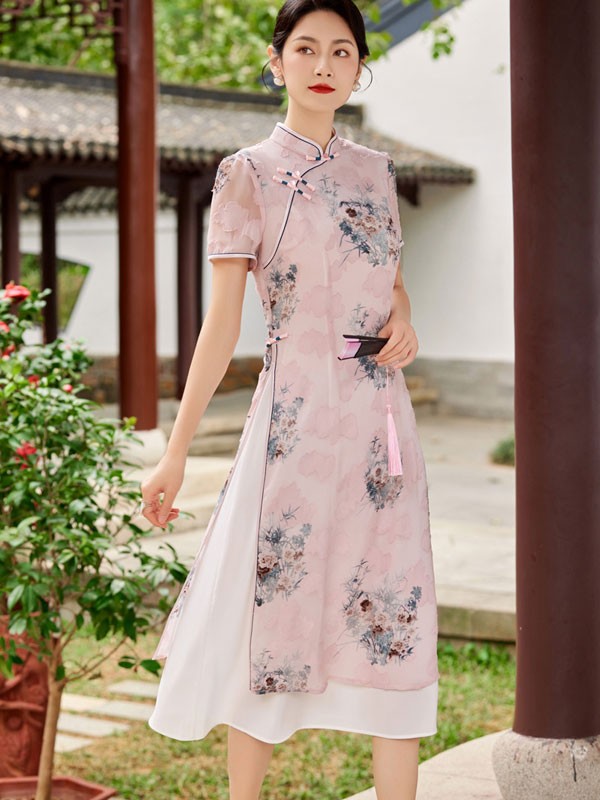 Pink Blue Floral AoDai A-Line Cheongsam Qipao Dress