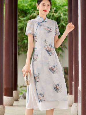 Pink Blue Floral AoDai A-Line Cheongsam Qipao Dress