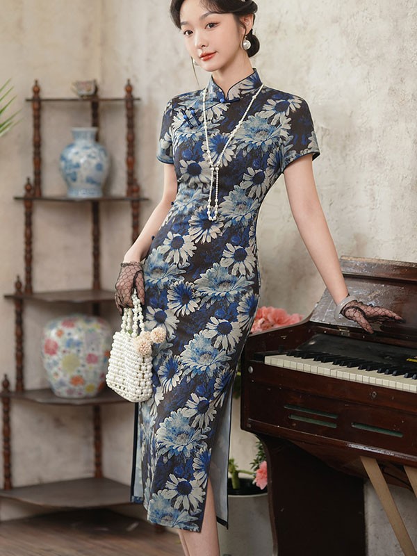 2024 Floral Print Cheongsam Qipao Dress