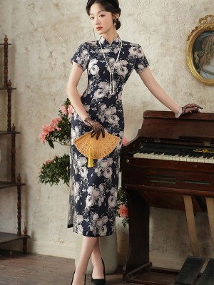 2024 Floral Print Mothers Cheongsam Qipao Dress