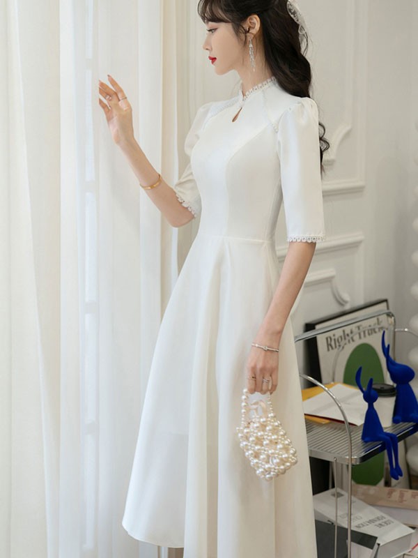 White Midi A-Line Engagement Wedding Bride Cheongsam Qipao Dress