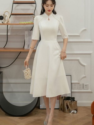 White Midi A-Line Engagement Wedding Bride Cheongsam Qipao Dress