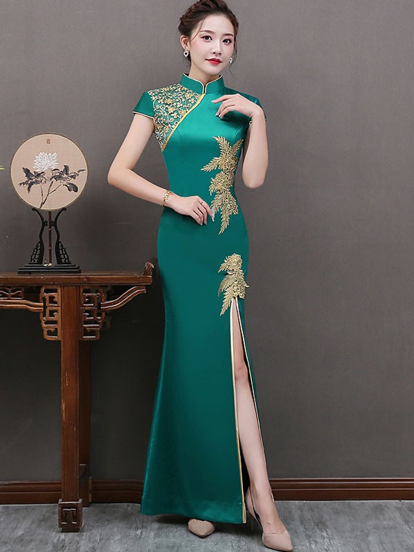 White Beaded Split Front Long Qipao / Cheongsam Dress