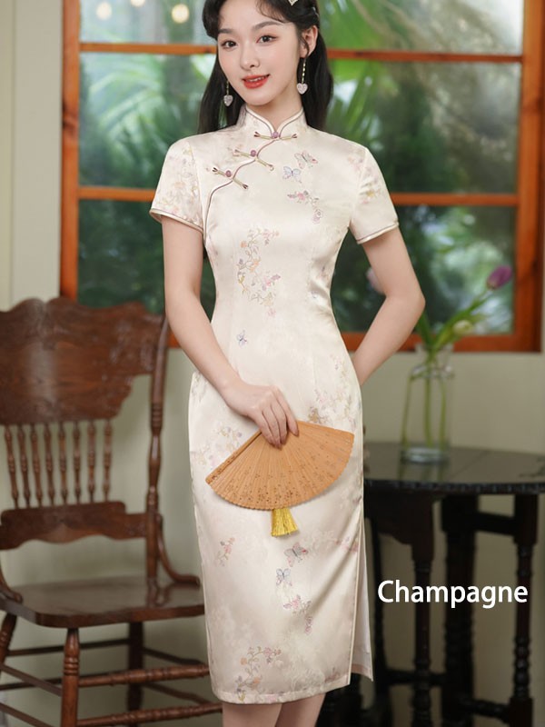 2024 Pink Floral Print Midi Cheongsam Qipao Dress