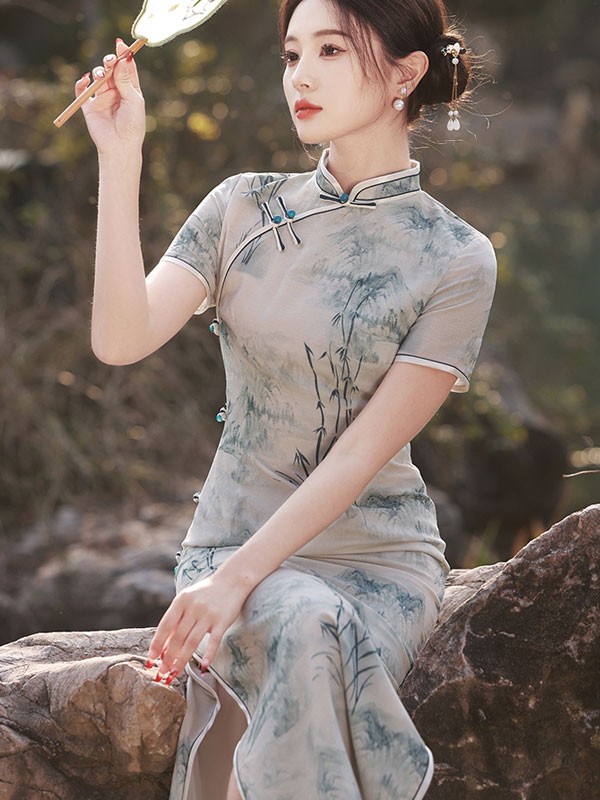 2024 Chinese Painting Print Cheongsam Qipao Dress