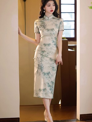 Chinese Painting Print Midi Cheongsam Qipao Dress