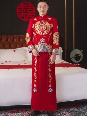 Embroidered Dragon Phoenix Man Wedding Suit, Jacket & Skirt