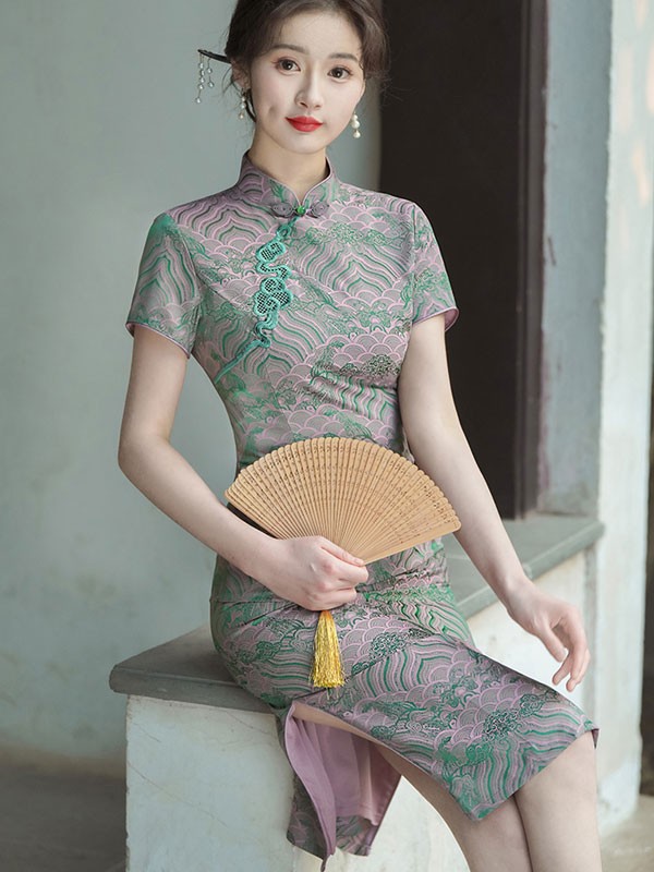 Vintage Jacquard Midi Cheongsam Qipao Dress