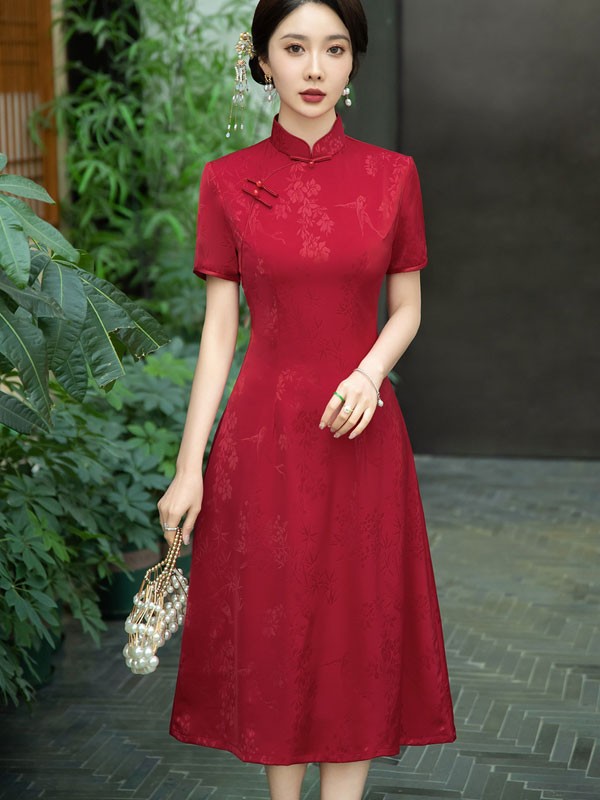 Pink Red Floral Mothers A-Line Cheongsam Qipao Dress