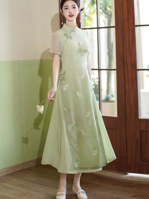 Green Blue Butterfly Print AoDai A-line Cheongsam Dress